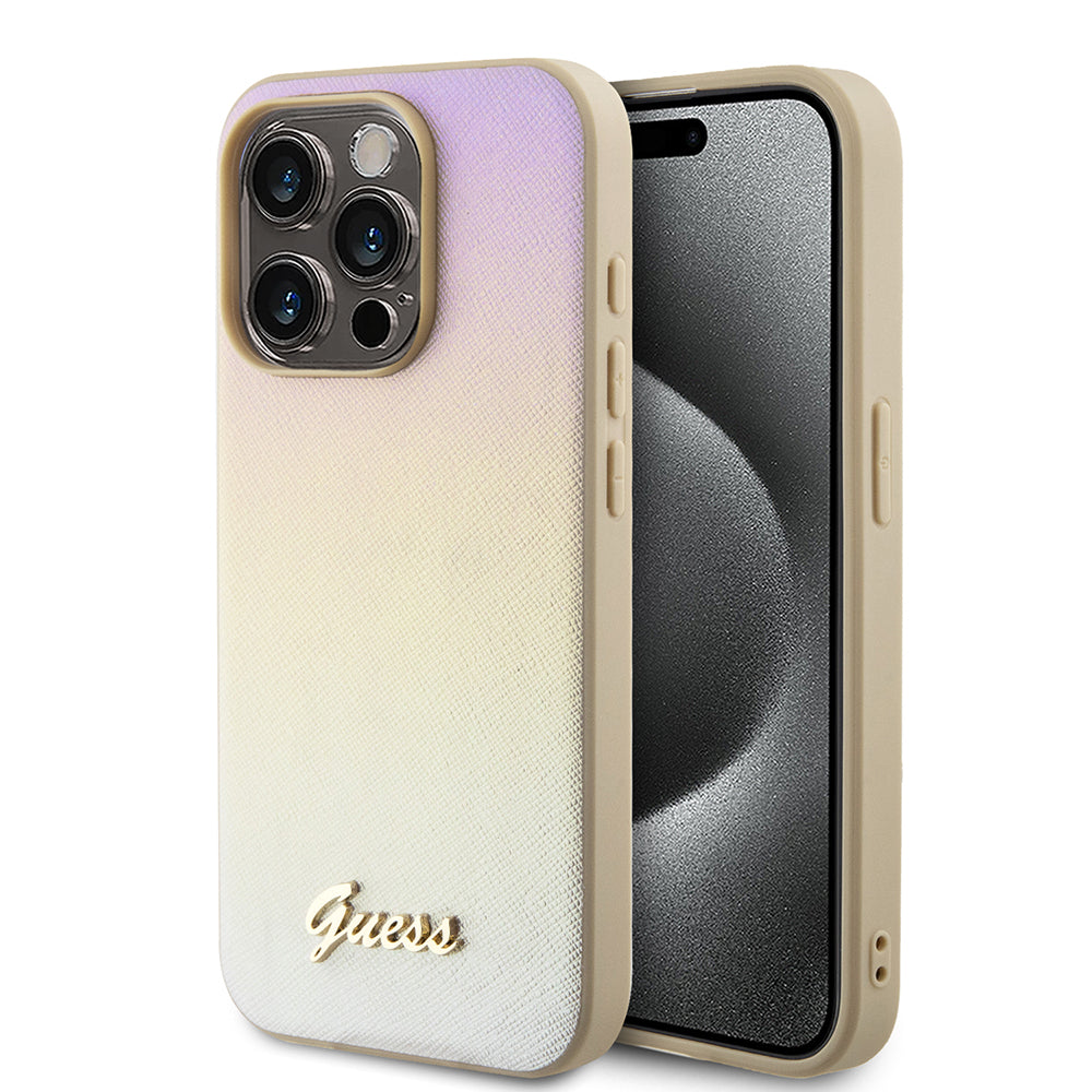 Husa pentru Apple iPhone 15 Pro Max, Guess, Saffiano Iridescent Script, Aurie