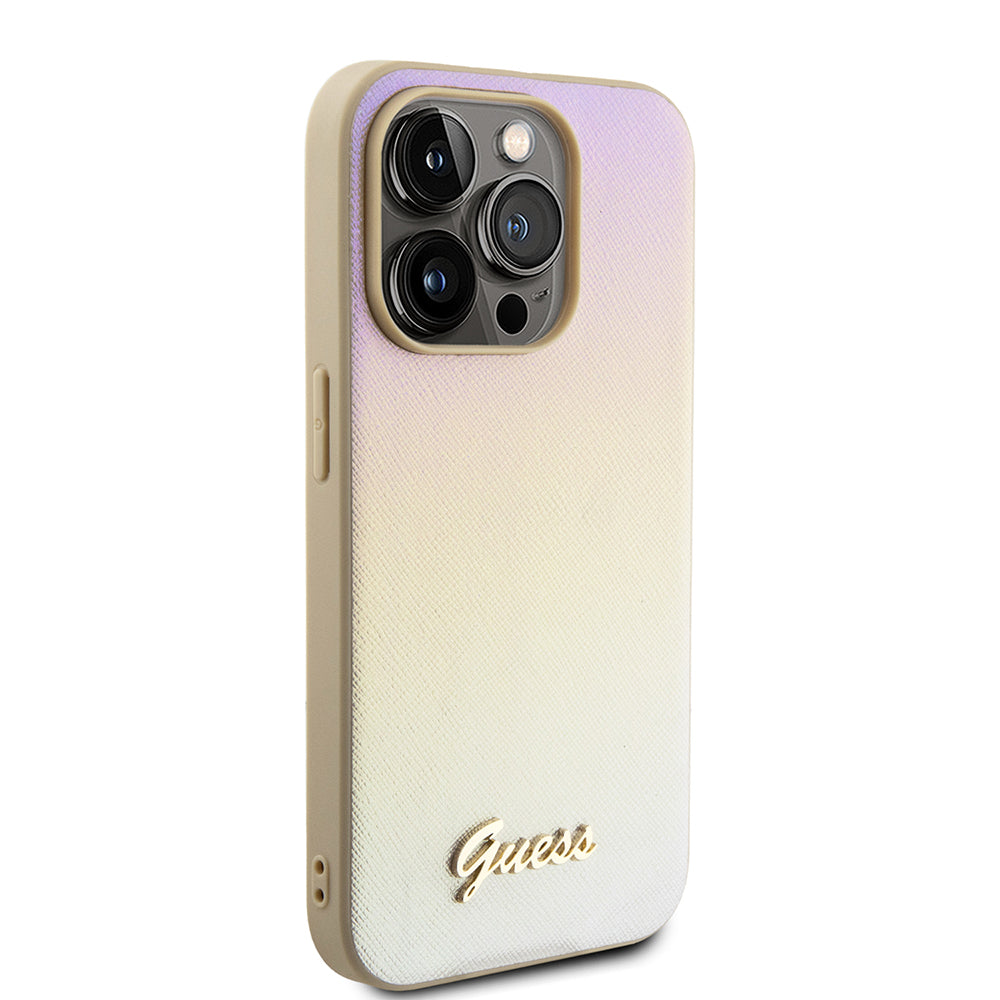 Husa pentru Apple iPhone 15 Pro Max, Guess, Saffiano Iridescent Script, Aurie