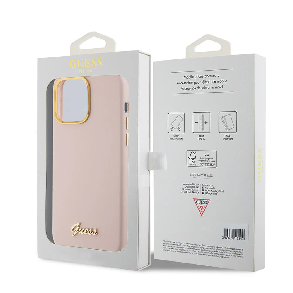 Husa pentru Apple iPhone 15 Pro Max, Guess, Script Metal Logo & Frame, Roz Deschis