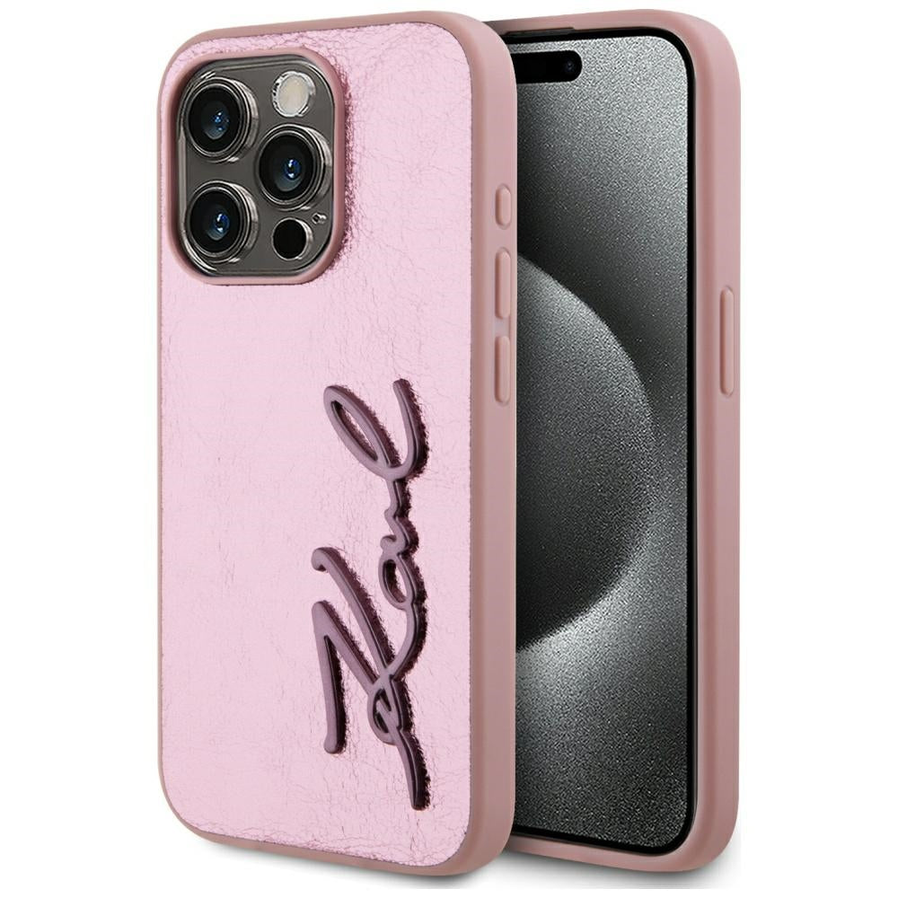 Husa pentru Apple iPhone 15 Pro Max, Karl Lagerfeld, Metal Signature, Roz