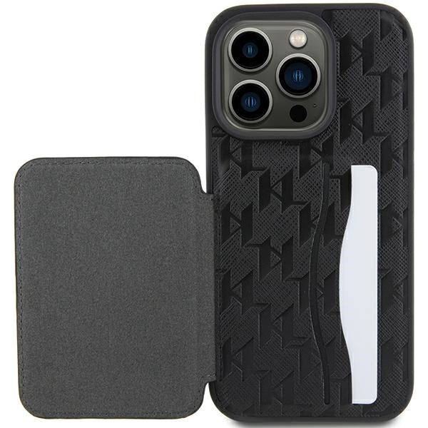 Husa pentru Apple iPhone 15 Pro Max, Karl Lagerfeld, Saffiano Cardslots and Stand Monogram Choupette, Neagra