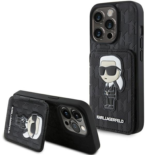 Husa pentru Apple iPhone 15 Pro Max, Karl Lagerfeld, Saffiano Cardslots and Stand Monogram Ikonik Karl, Neagra