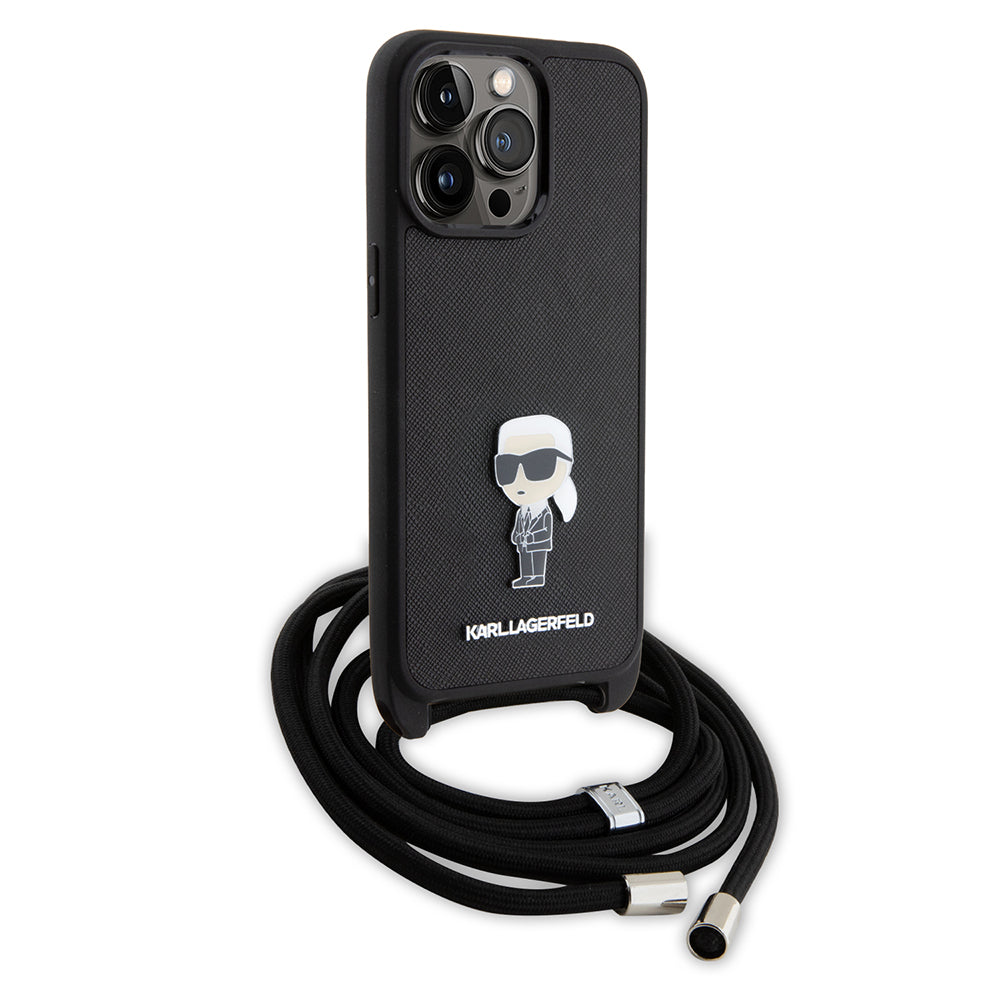 Husa pentru Apple iPhone 15 Pro Max, Karl Lagerfeld, Saffiano Crossbody Monogram Metal Pin Karl, Neagra