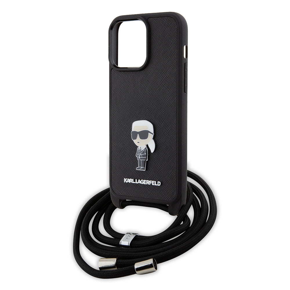 Husa pentru Apple iPhone 15 Pro Max, Karl Lagerfeld, Saffiano Crossbody Monogram Metal Pin Karl, Neagra