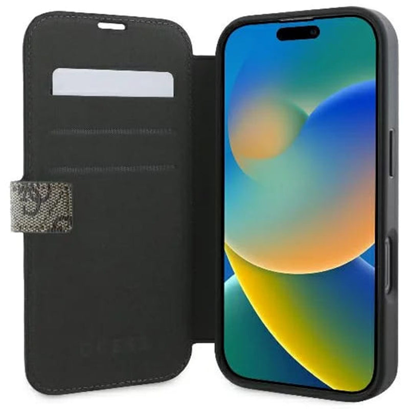 Husa pentru Apple iPhone 16, Guess, 4G Book, Maro