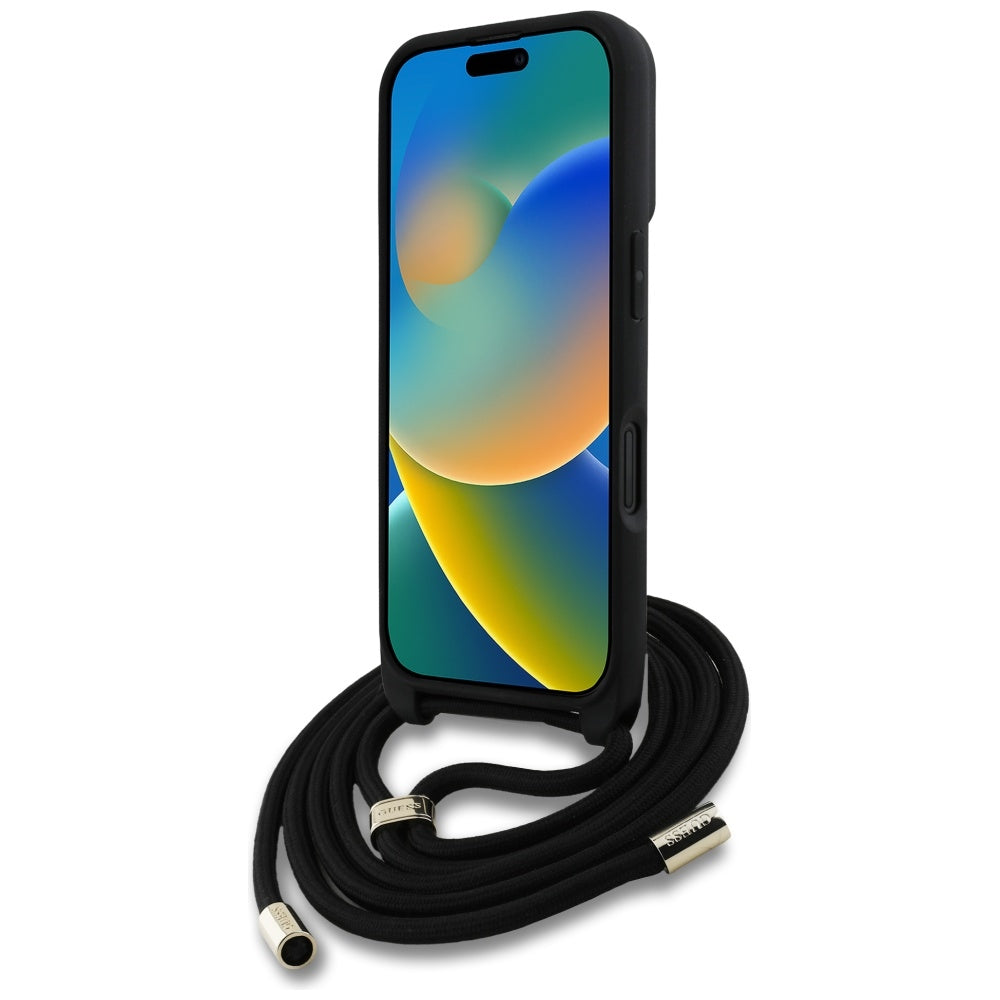Husa pentru Apple iPhone 16, Guess, 4G CBDY Big Logo with Cord Strap, Neagra