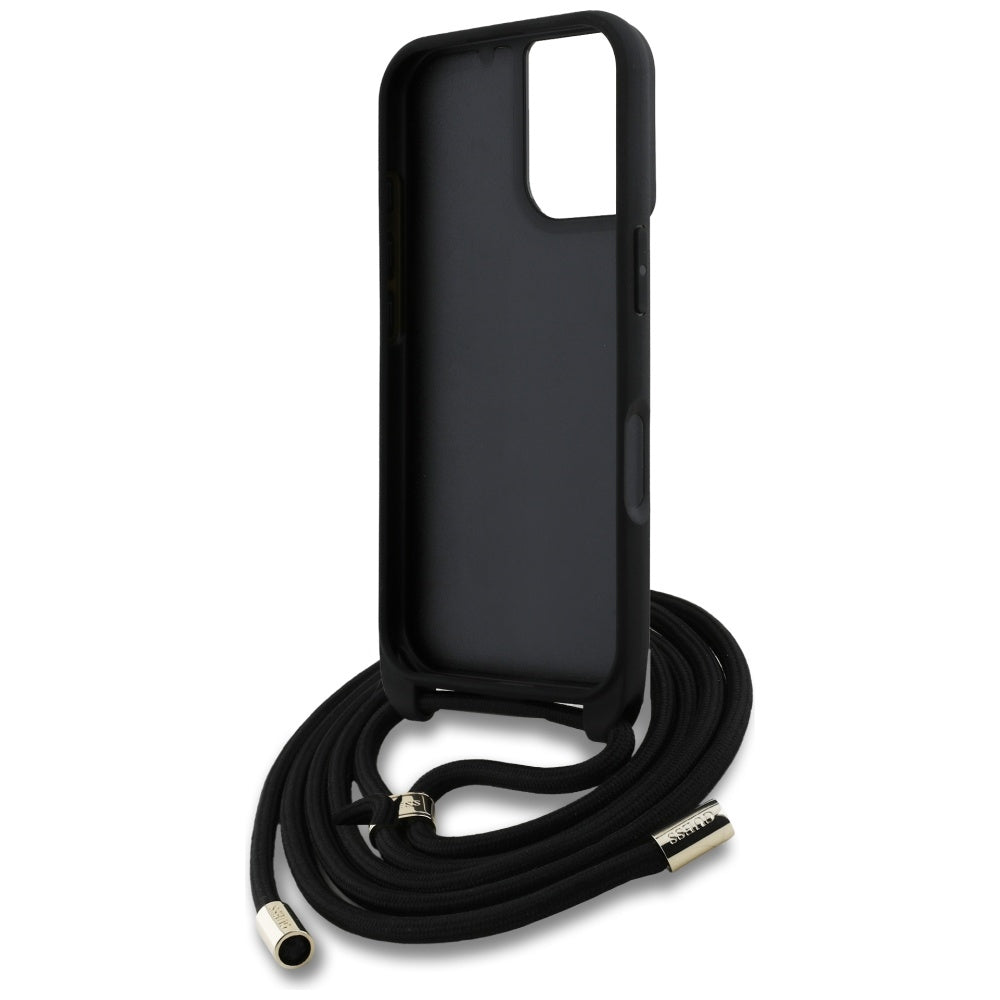 Husa pentru Apple iPhone 16, Guess, 4G CBDY Big Logo with Cord Strap, Neagra