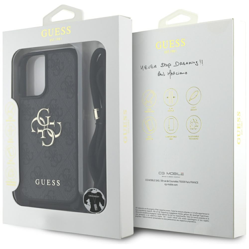 Husa pentru Apple iPhone 16, Guess, 4G CBDY Big Logo with Cord Strap, Neagra