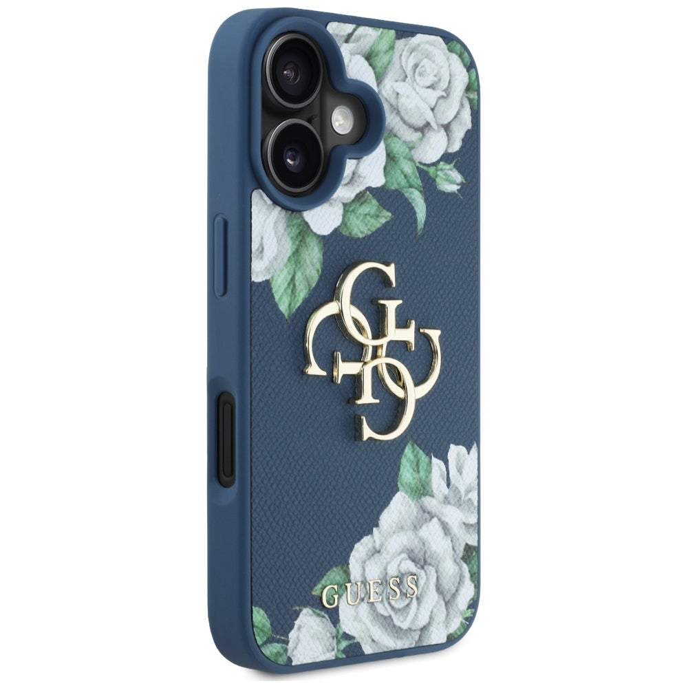 Husa pentru Apple iPhone 16, Guess, 4G Grained Roses Big Logo, Albastra