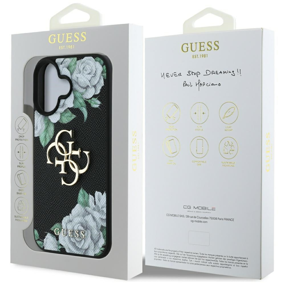 Husa pentru Apple iPhone 16, Guess, 4G Grained Roses Big Logo, Neagra