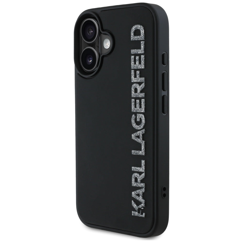 Husa pentru Apple iPhone 16, Karl Lagerfeld, 3D Rubber Elongated Gliiter Logo, Neagra