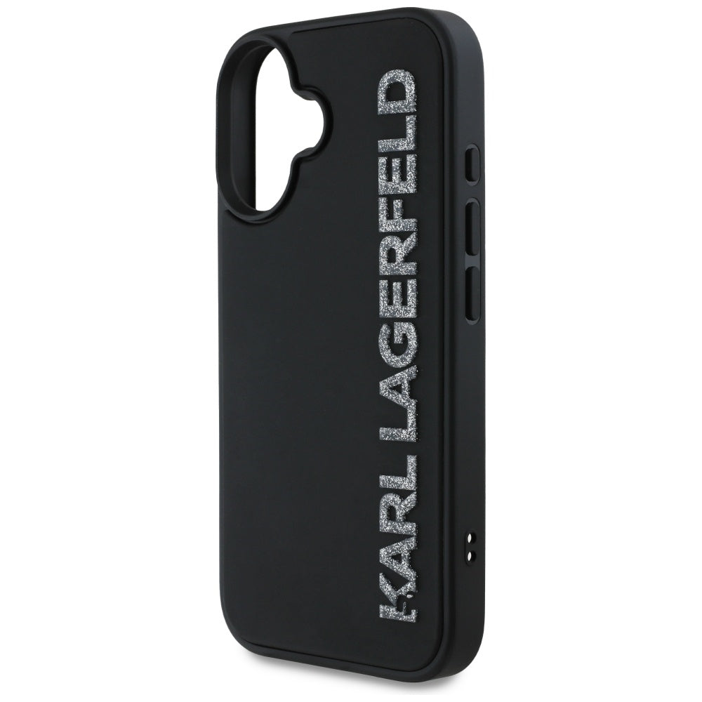 Husa pentru Apple iPhone 16, Karl Lagerfeld, 3D Rubber Elongated Gliiter Logo, Neagra
