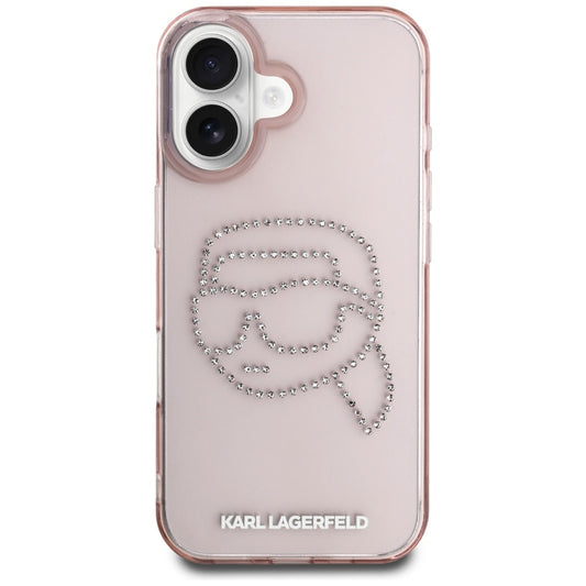 Husa pentru Apple iPhone 16, Karl Lagerfeld, IML Rhinestones Karl's Head, Roz