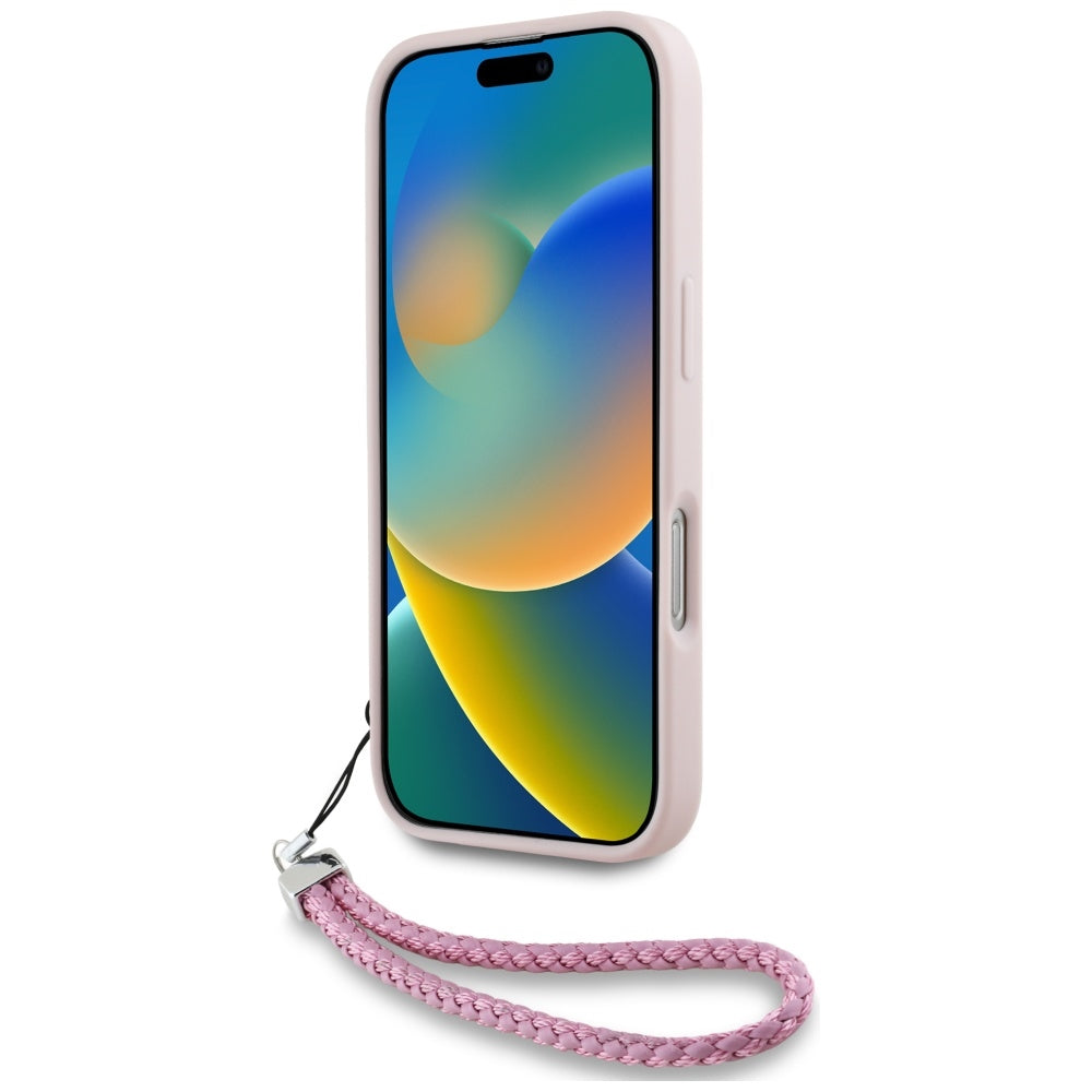 Husa pentru Apple iPhone 16, Karl Lagerfeld, Quilted Initial Logo & Chain Strap, Roz