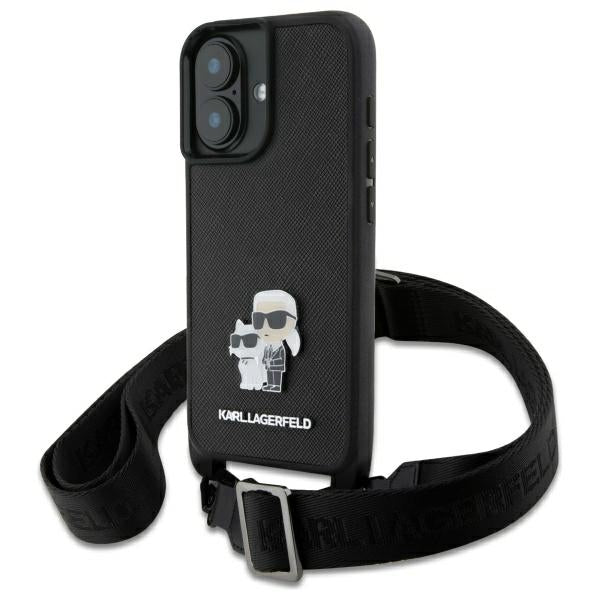 Husa pentru Apple iPhone 16, Karl Lagerfeld, Saffiano Crossbody Metal Pin Karl & Choupette, Alba
