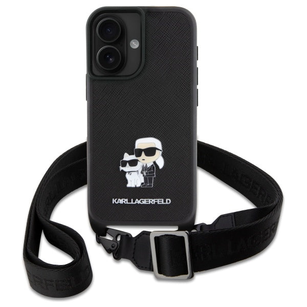 Husa pentru Apple iPhone 16, Karl Lagerfeld, Saffiano Crossbody Metal Pin Karl & Choupette, Alba