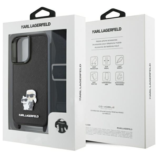 Husa pentru Apple iPhone 16, Karl Lagerfeld, Saffiano Crossbody Metal Pin Karl & Choupette, Alba