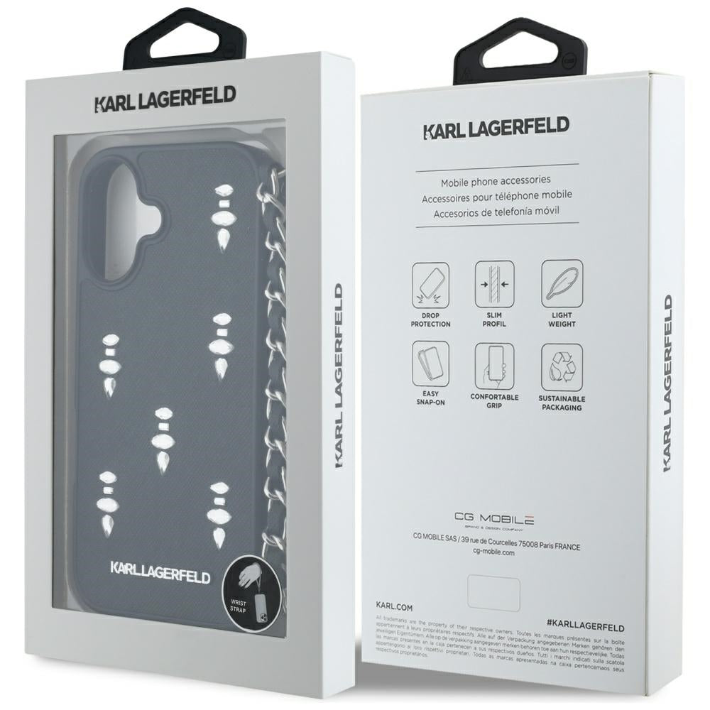 Husa pentru Apple iPhone 16, Karl Lagerfeld, Saffiano Crystals & Charm, Neagra