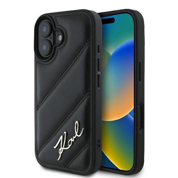 Husa pentru Apple iPhone 16 Plus, Karl Lagerfeld, Diagonal Quilted Script, Neagra
