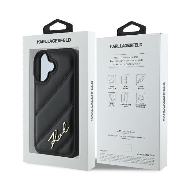 Husa pentru Apple iPhone 16 Plus, Karl Lagerfeld, Diagonal Quilted Script, Neagra