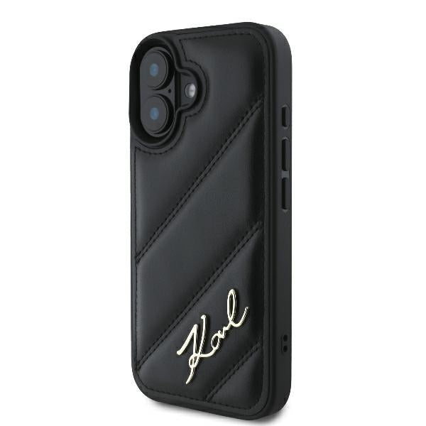 Husa pentru Apple iPhone 16 Plus, Karl Lagerfeld, Diagonal Quilted Script, Neagra