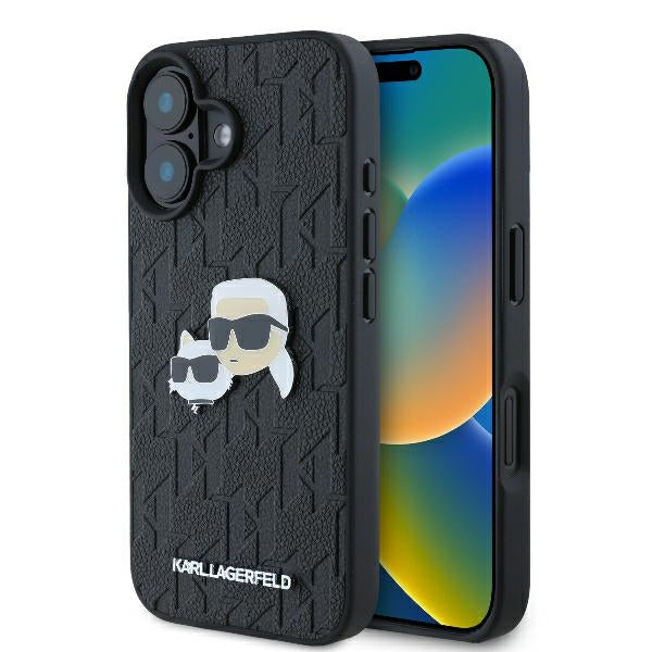 Husa pentru Apple iPhone 16 Plus, Karl Lagerfeld, Monogram Karl & Choupette's Heads, Neagra