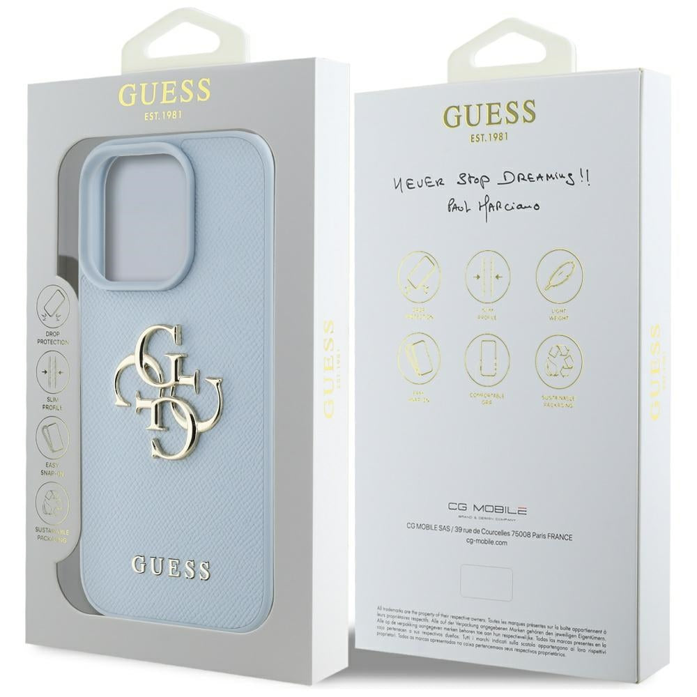 Husa pentru Apple iPhone 16 Pro, Guess, Grained Big 4G Logo Small Classic Logo, Albastra