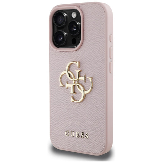 Husa pentru Apple iPhone 16 Pro, Guess, Grained Big 4G Logo Small Classic Logo, Roz