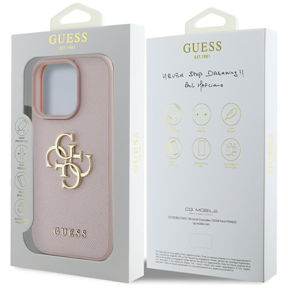 Husa pentru Apple iPhone 16 Pro, Guess, Grained Big 4G Logo Small Classic Logo, Roz