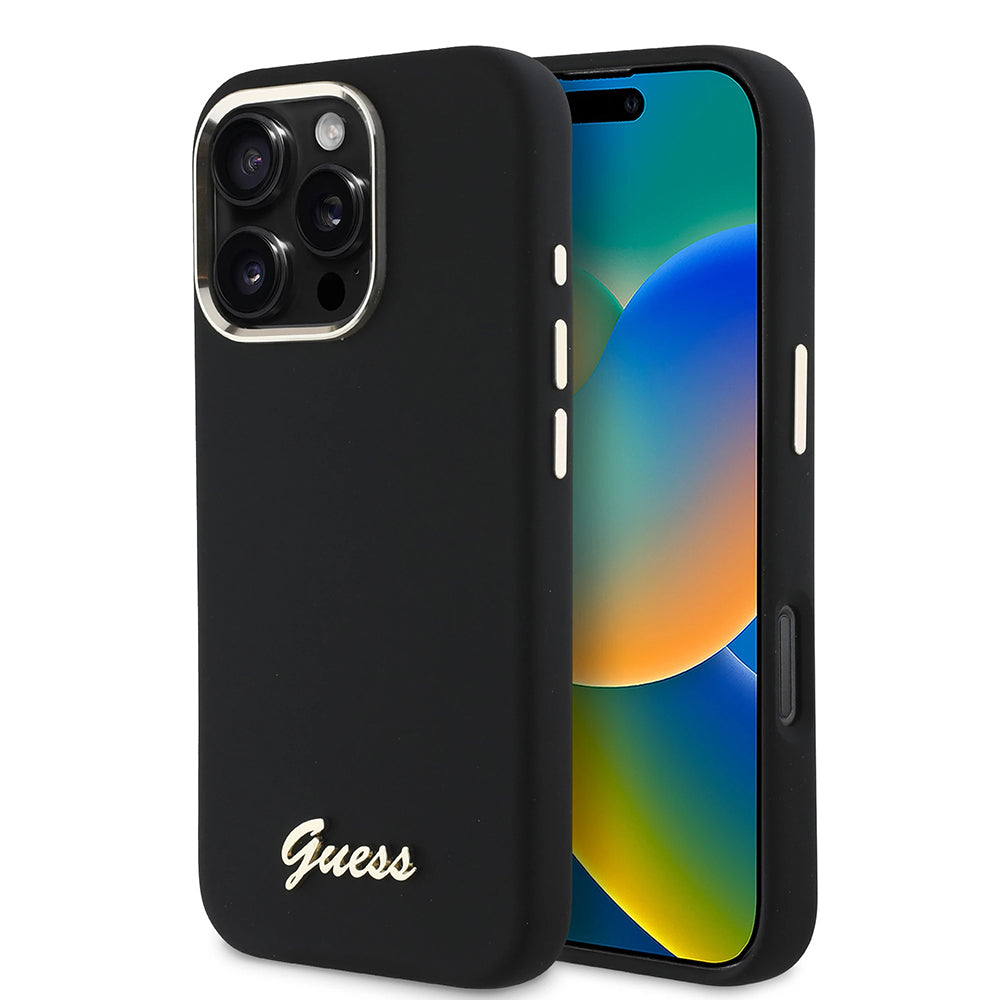 Husa pentru Apple iPhone 16 Pro, Guess, Script Metal Logo & Frame, Neagra