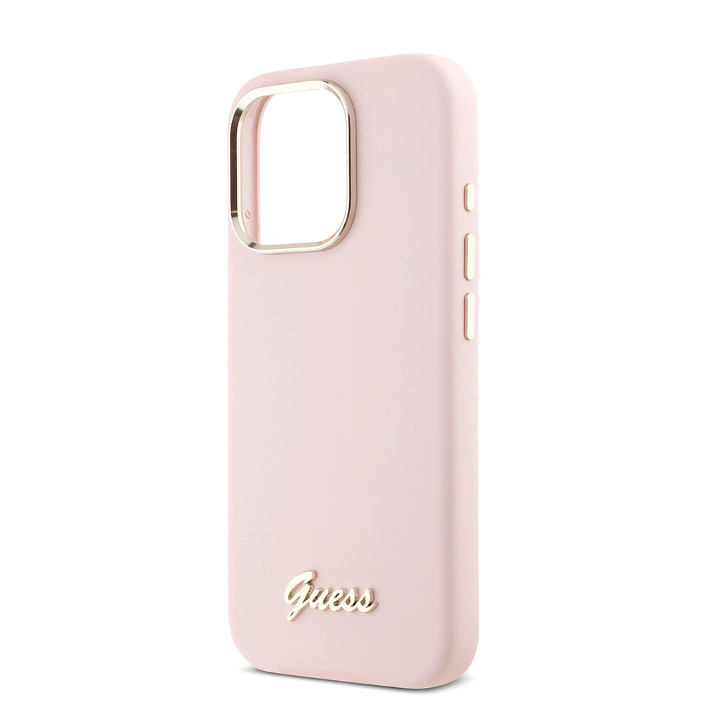Husa pentru Apple iPhone 16 Pro, Guess, Script Metal Logo & Frame, Roz