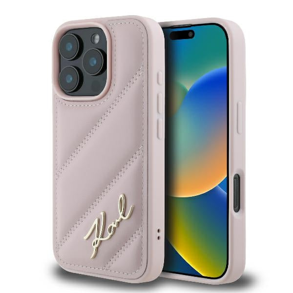 Husa pentru Apple iPhone 16 Pro, Karl Lagerfeld, Diagonal Quilted Script, Roz