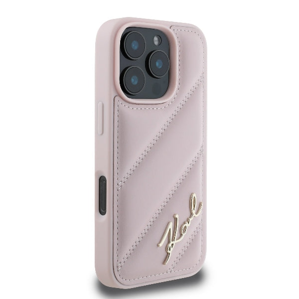 Husa pentru Apple iPhone 16 Pro, Karl Lagerfeld, Diagonal Quilted Script, Roz