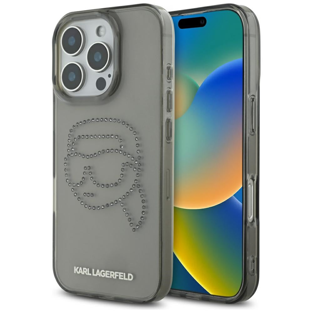 Husa pentru Apple iPhone 16 Pro, Karl Lagerfeld, IML Rhinestones Karl's Head, Neagra