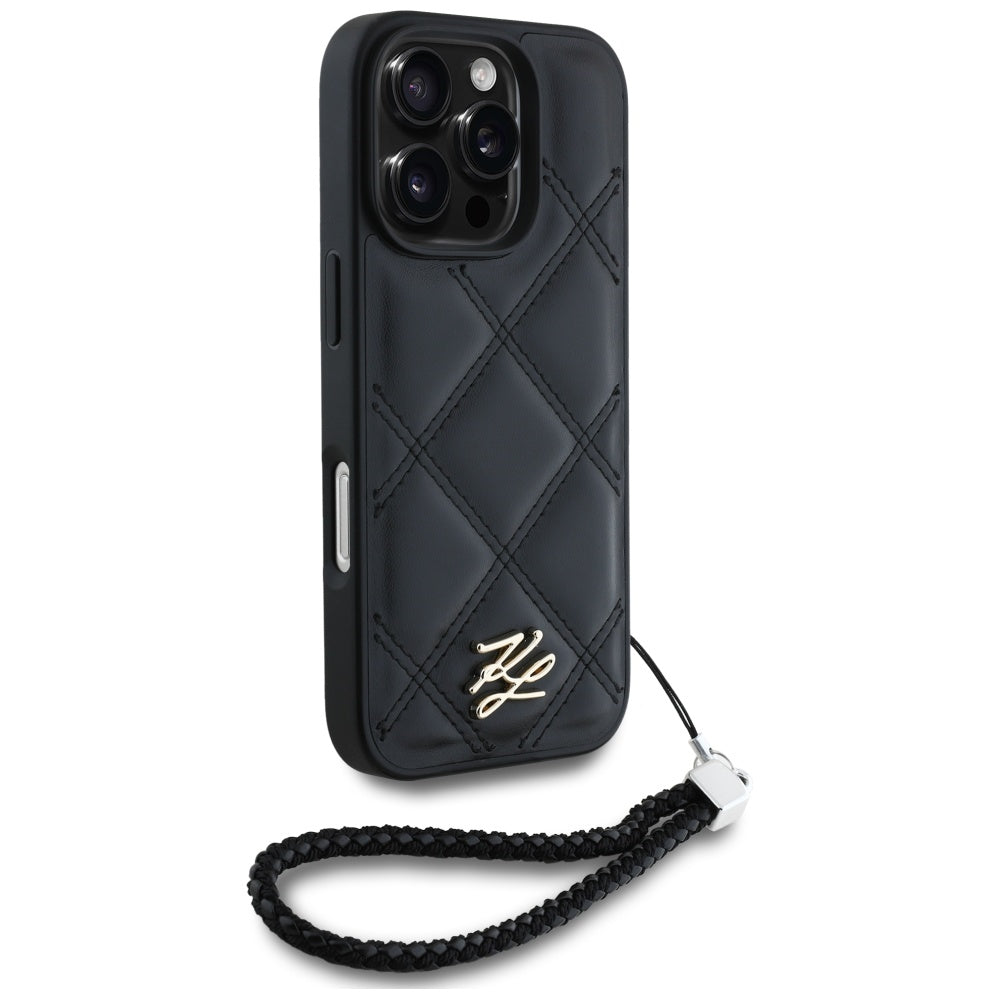 Husa pentru Apple iPhone 16 Pro, Karl Lagerfeld, Quilted Initial Logo & Chain Strap, Neagra