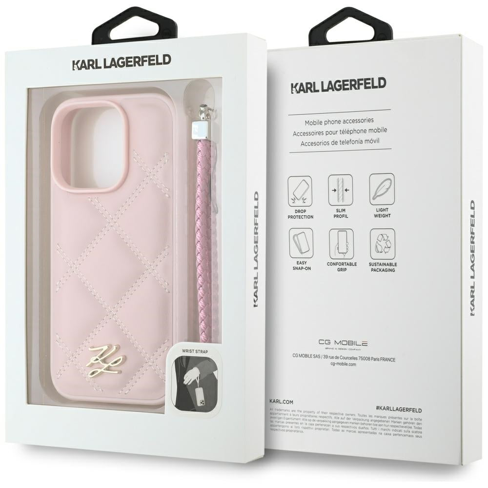 Husa pentru Apple iPhone 16 Pro, Karl Lagerfeld, Quilted Initial Logo & Chain Strap, Roz