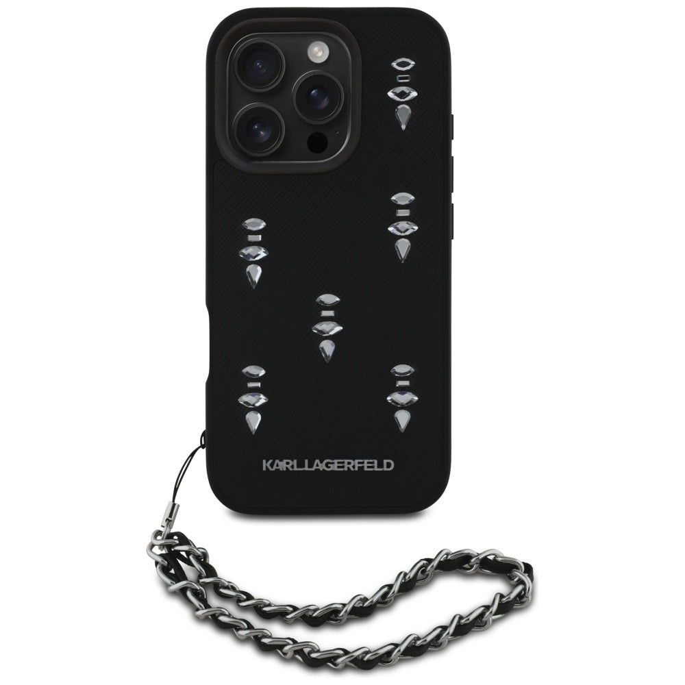 Husa pentru Apple iPhone 16 Pro, Karl Lagerfeld, Saffiano Crystals & Charm, Neagra