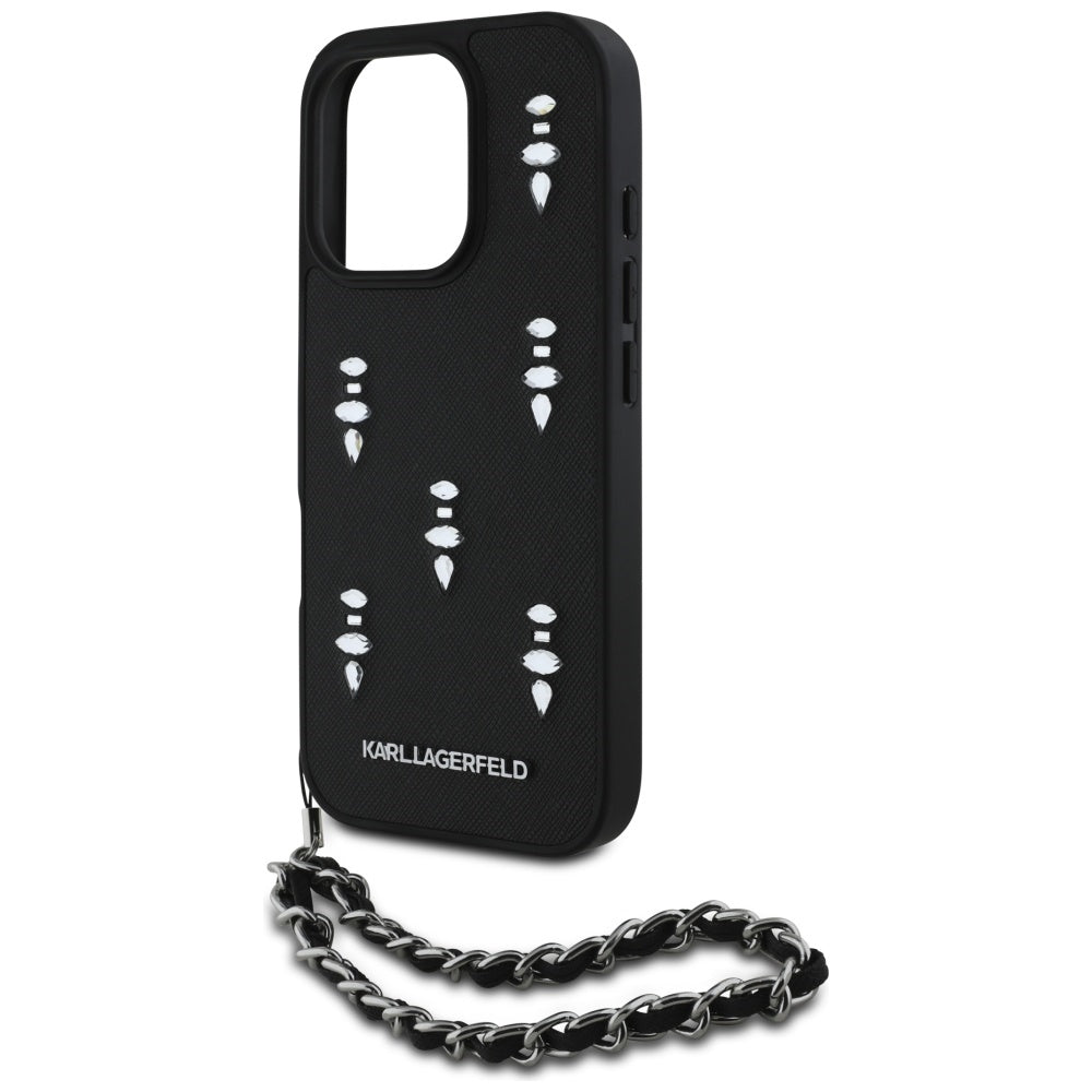 Husa pentru Apple iPhone 16 Pro, Karl Lagerfeld, Saffiano Crystals & Charm, Neagra