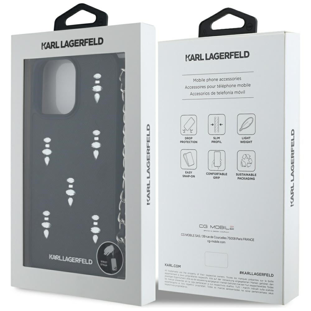 Husa pentru Apple iPhone 16 Pro, Karl Lagerfeld, Saffiano Crystals & Charm, Neagra