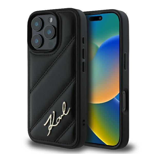 Husa pentru Apple iPhone 16 Pro Max, Karl Lagerfeld, Diagonal Quilted Script, Neagra