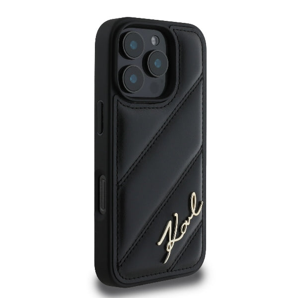 Husa pentru Apple iPhone 16 Pro Max, Karl Lagerfeld, Diagonal Quilted Script, Neagra