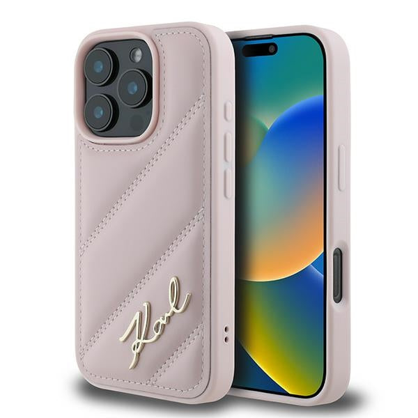 Husa pentru Apple iPhone 16 Pro Max, Karl Lagerfeld, Diagonal Quilted Script, Roz
