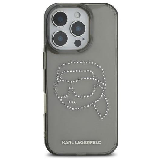 Husa pentru Apple iPhone 16 Pro Max, Karl Lagerfeld, IML Rhinestones Karl's Head, Neagra