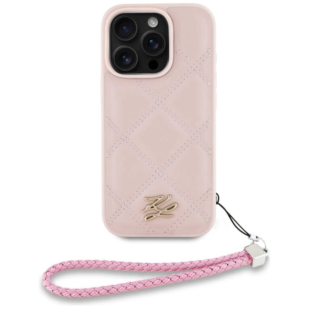 Husa pentru Apple iPhone 16 Pro Max, Karl Lagerfeld, Quilted Initial Logo & Chain Strap, Roz