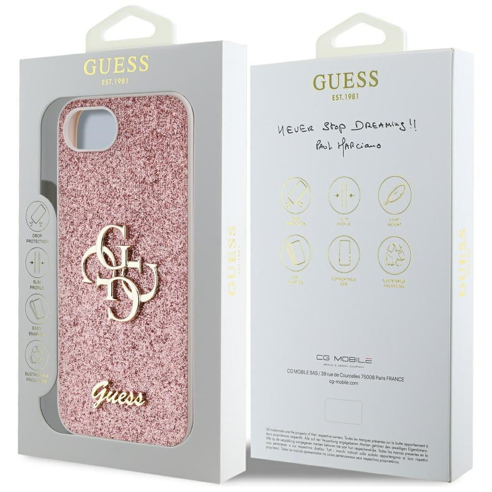 Husa pentru Apple iPhone 17e / 16e, Guess, Fixed Glitter Big 4G, Roz