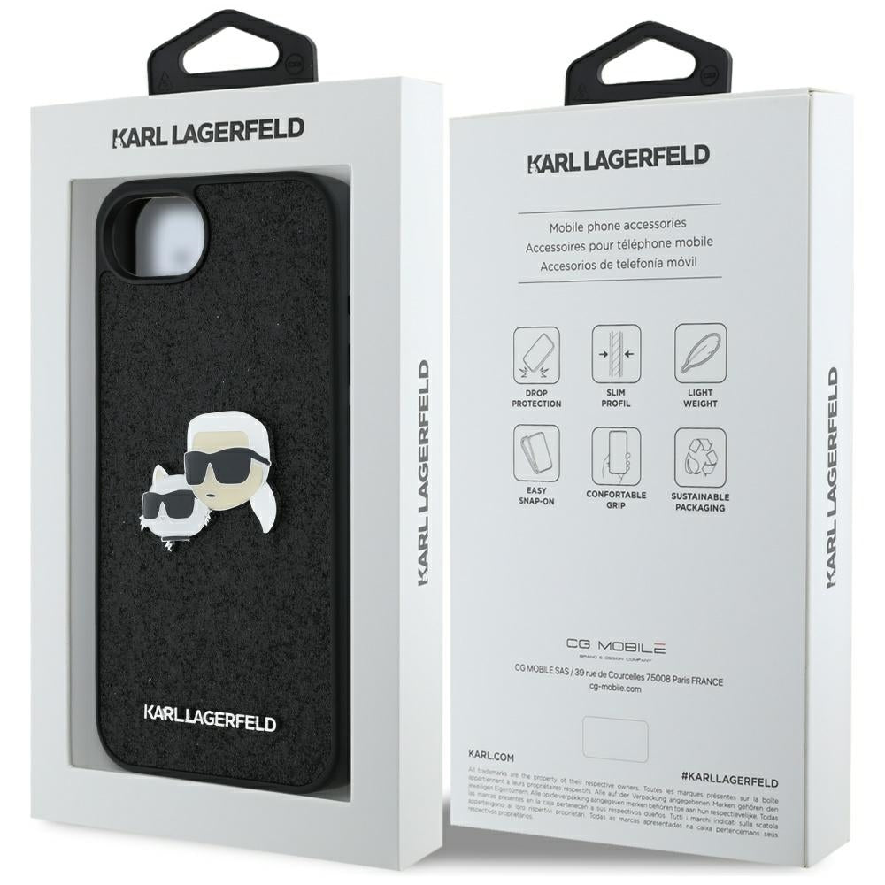 Husa pentru Apple iPhone 17e / 16e, Karl Lagerfeld, Glitter Fixed Karl & Choupette's Heads, Neagra