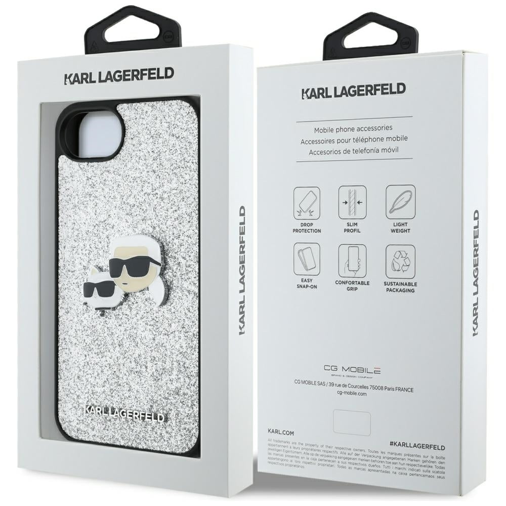 Husa pentru Apple iPhone 17e / 16e, Karl Lagerfeld, Glitter Fixed Karl & Choupette's Heads, Argintie