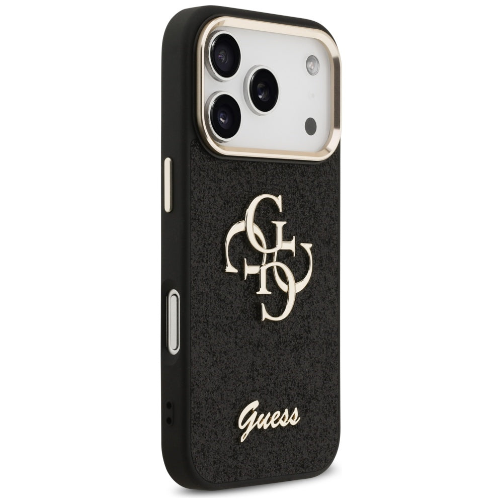 Husa pentru Apple iPhone 17 Pro, Guess, Fixed Glitter Big 4G Metal Frame, Neagra