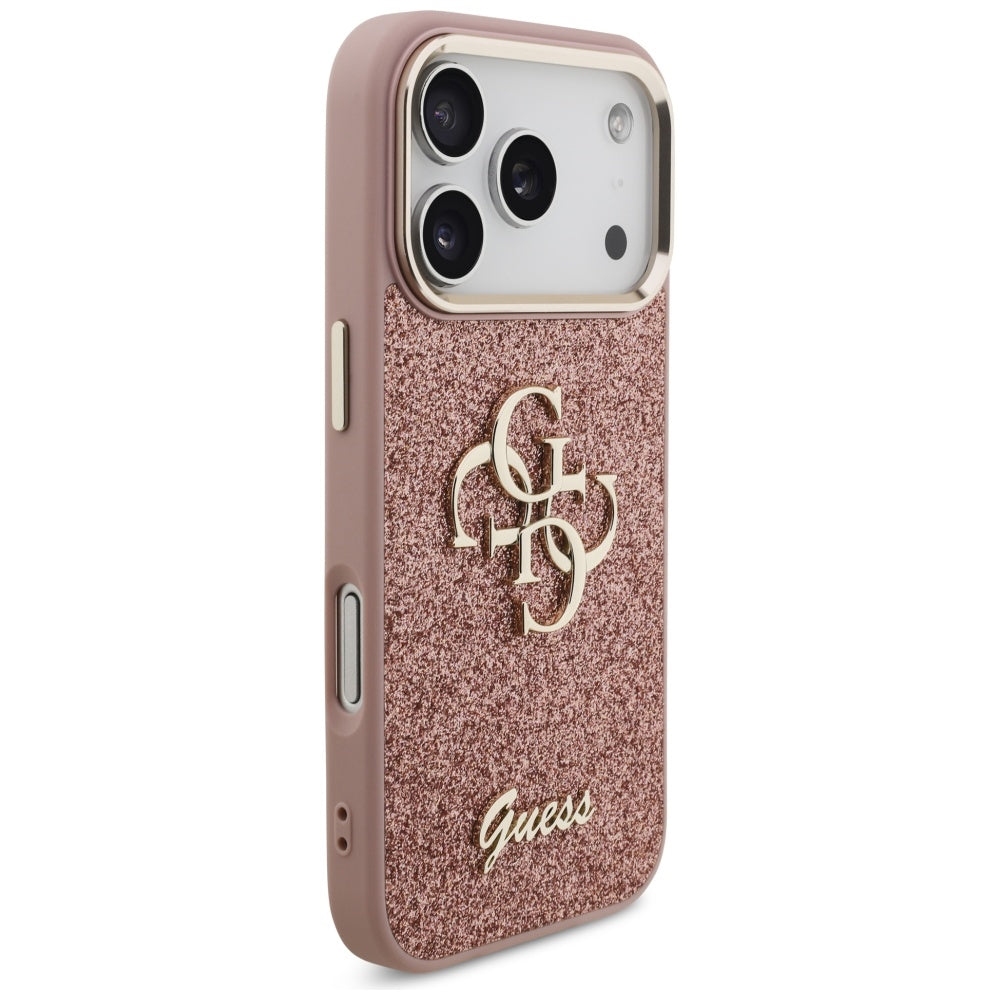 Husa pentru Apple iPhone 17 Pro, Guess, Fixed Glitter Big 4G Metal Frame, Roz