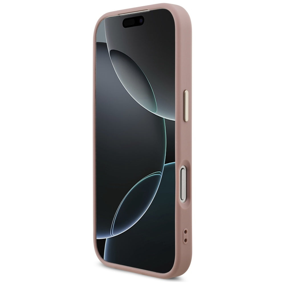 Husa pentru Apple iPhone 17 Pro, Guess, Fixed Glitter Big 4G Metal Frame, Roz
